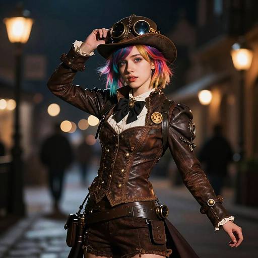 Young Woman in Steampunk Outfit with Multicolored Hair