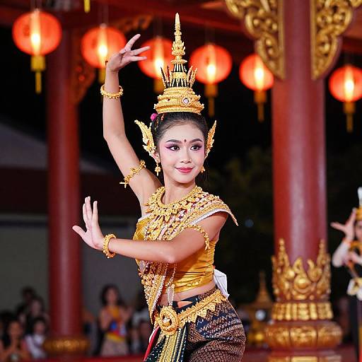 Photograph of an Asian woman in traditional Thai dance attire, adorned with gold jewelry and a crown, dancing under red lanterns.
