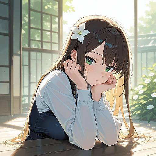 Sunlit Girl with White Flower