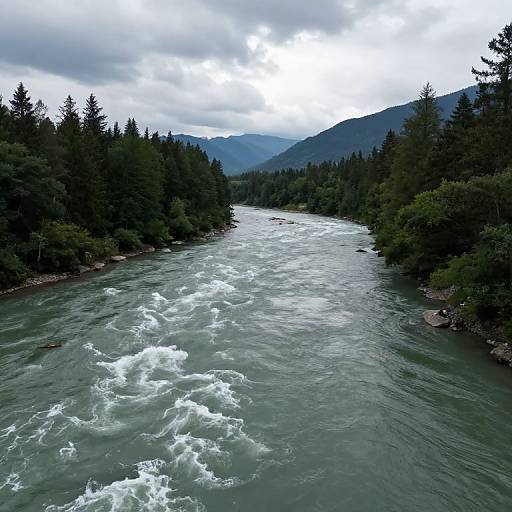 Photograph of a turbulent, greenish river flowing through a dense forest of tall, dark green pine trees, with misty, cloudy mountains in the