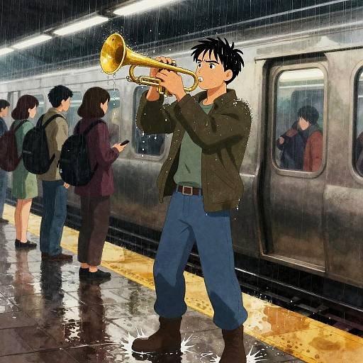 Soaked Trumpeter on Rainy Subway Platform
