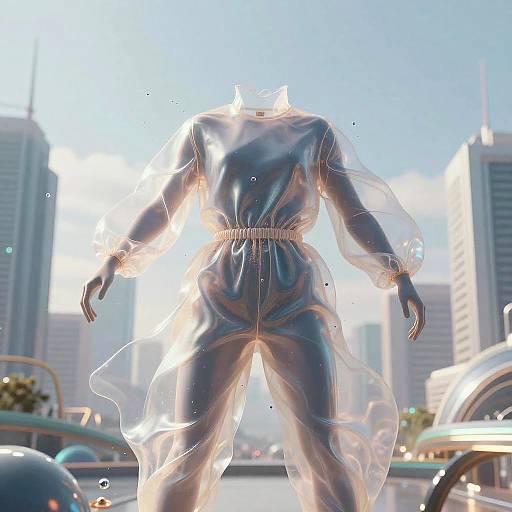 Digital art of a shiny, blue, and transparent humanoid figure with glowing edges, standing in a sunlit, futuristic cityscape.