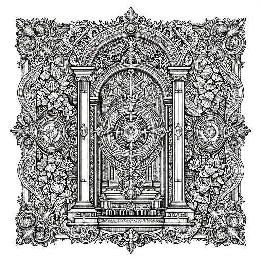 Detailed black-and-white line drawing of an ornate, floral, and columned archway, filled with intricate patterns and symmetrical designs.