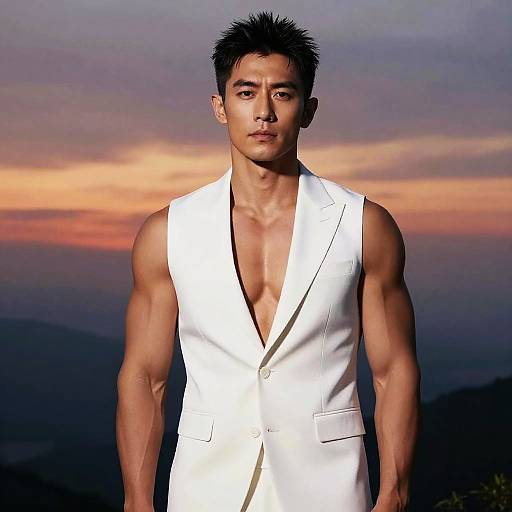 Photograph of a muscular Asian man with spiky black hair, wearing a sleeveless white suit with an open chest, standing against a twilight sky with