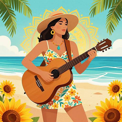 Digital illustration of a tan-skinned woman with black hair, wearing a sunhat, floral dress, and gold jewelry, playing a guitar on a sunny