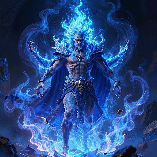 Digital artwork of a muscular, shirtless, blue-skinned male demon with flames surrounding his head and shoulders, wearing a dark blue cloak, standing amid