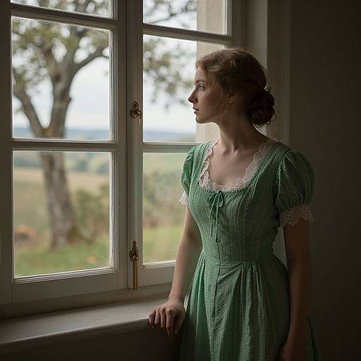 Photograph of a young woman in a green, lace-trimmed dress, gazing out a window at a blurred, sunny countryside. Soft light