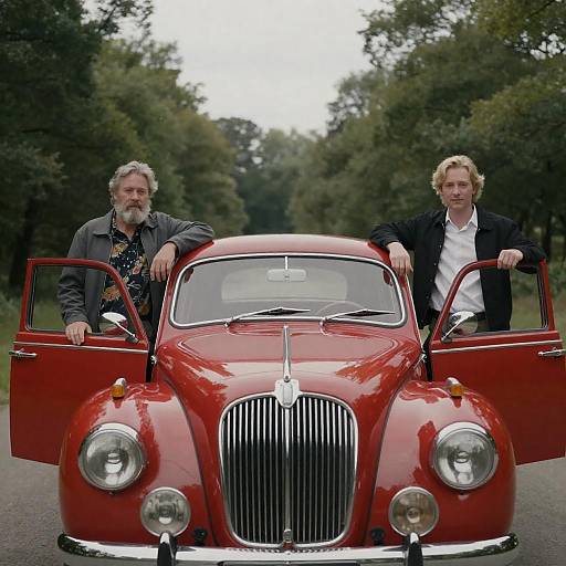 Two Men with Vintage Car in Forest