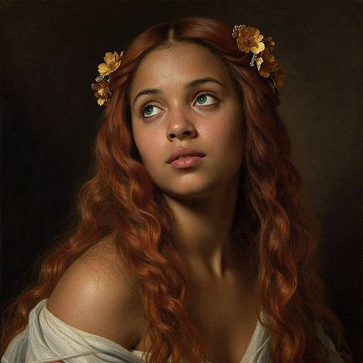 Photorealistic portrait of a young woman with long, wavy red hair, wearing a golden flower crown and off-shoulder white dress, g