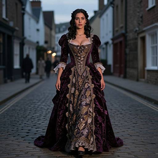 Photograph of a woman with dark, wavy hair in an elaborate, deep purple, Victorian-style dress with gold and silver embroidery, walking down a