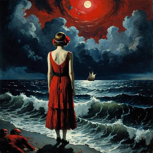 Woman in Red Dress by Stormy Sea Under Crimson Moon