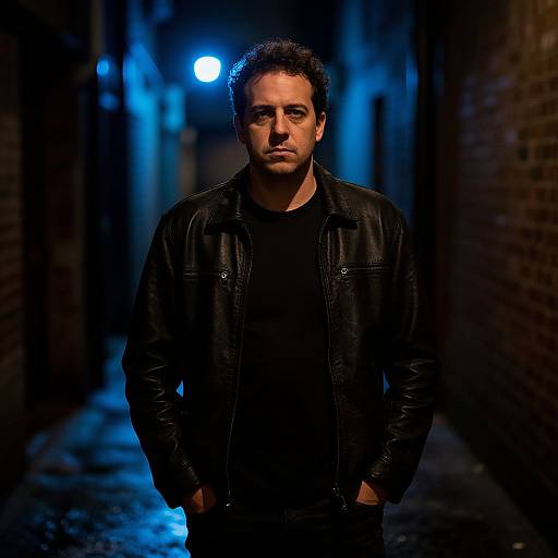 Photograph of a serious, dark-haired man in a black leather jacket and black shirt, standing in a dimly lit, blue-lit alleyway