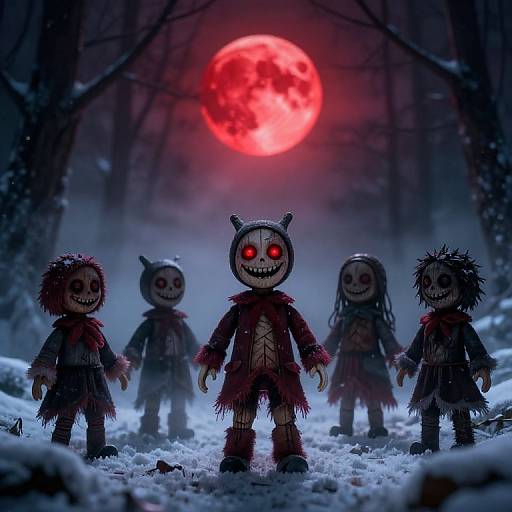 Photograph-style CGI: Creepy, ragged, skull-faced dolls with glowing red eyes stand in a snowy forest under a large, red moon.