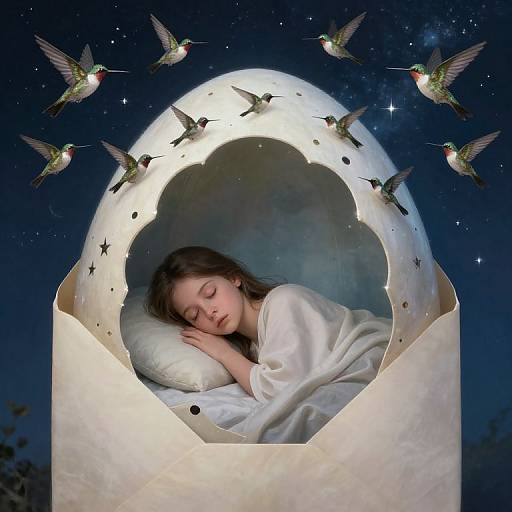 Dreamy photograph of a sleeping woman with closed eyes in a moon-shaped bed, surrounded by glowing hummingbirds and stars in a dark, starry night
