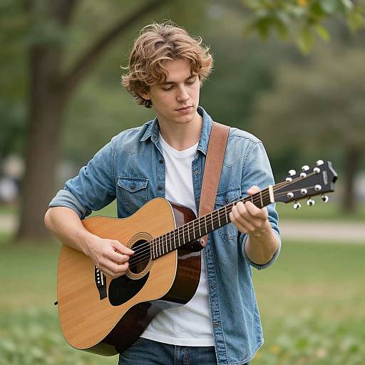 Photograph of a young man with curly brown hair, wearing a blue denim jacket and white shirt, playing an acoustic guitar in a lush, green park