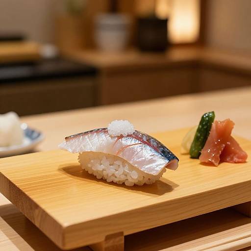 Photograph of a sushi roll with shiny silver fish, white rice, and garnished with three colorful pickles on a wooden tray.