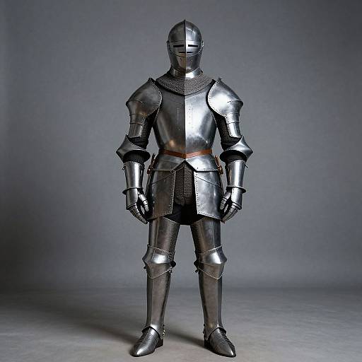 Photograph of a full-body, medieval-style, silver metallic knight armor with a helmet, chainmail collar, and brown belt, standing against a gradient