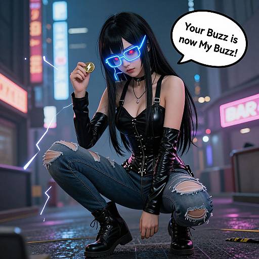 CGI cyberpunk scene: Goth woman with black hair, glowing blue glasses, black leather outfit, ripped jeans, holding coin, crouching,