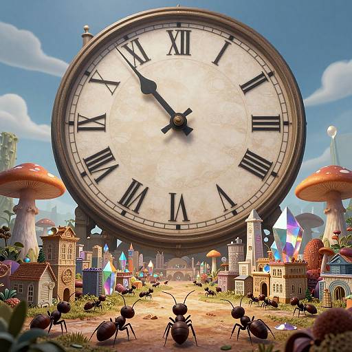 Digital illustration of a giant clock face with Roman numerals, surrounded by whimsical houses, mushrooms, and ants under a bright blue sky.