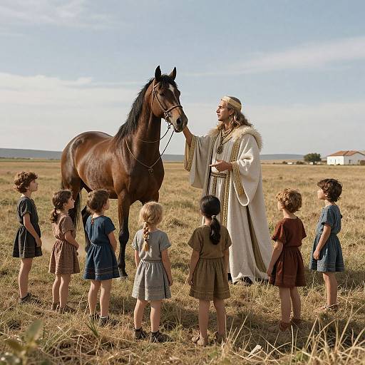 Photograph of a bearded man in white robe petting a brown horse, surrounded by six children in various colorful dresses, standing in a dry,