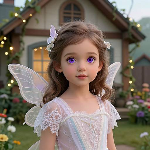 Photorealistic CGI of a young girl with large purple eyes, wearing a white lace dress, fairy wings, and flower hair clips, standing in front
