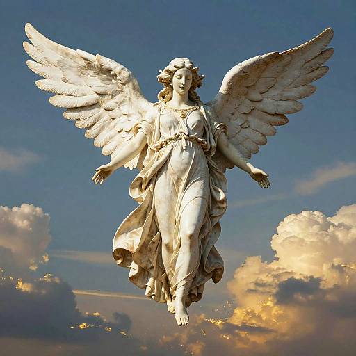 Photograph of a white marble angel statue with large wings, flowing dress, and halo, floating against a blue sky with golden clouds.