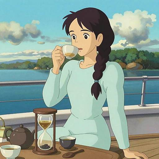 Anime-style digital drawing of a black-haired woman in a light blue dress, sipping tea on a wooden deck by a blue lake.