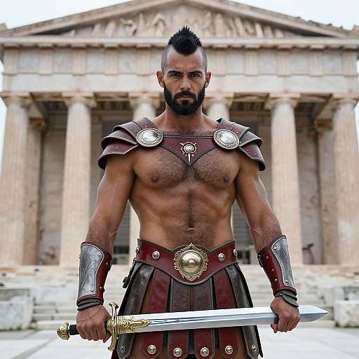 Muscular, bearded man with dark skin and spiked hair, wearing ancient Greek armor, holding sword, stands before a classical temple. Photorealistic