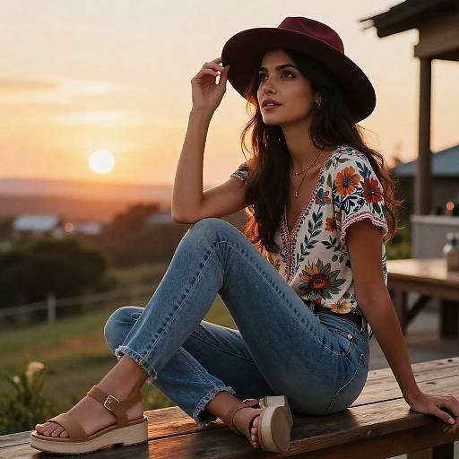 Boho-Chic Woman at Sunset Deck