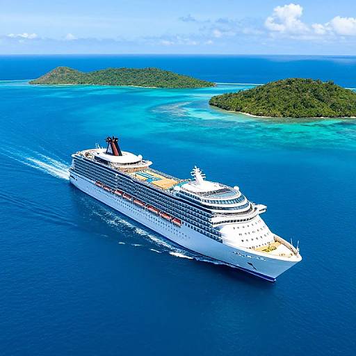 Photograph of a large white cruise ship with a red funnel sailing through vibrant blue ocean, surrounded by green islands under a partly cloudy sky.