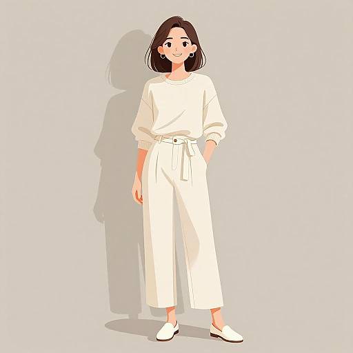 Digital illustration of a smiling woman with short black hair, wearing a white long-sleeve shirt, high-waisted white pants, and white shoes
