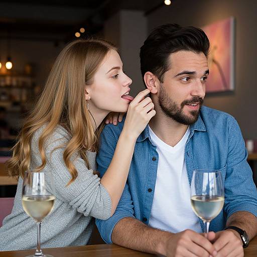 Photograph of a young couple in a dimly-lit café; woman with long brown hair, gray sweater, playfully bites man's cheek;