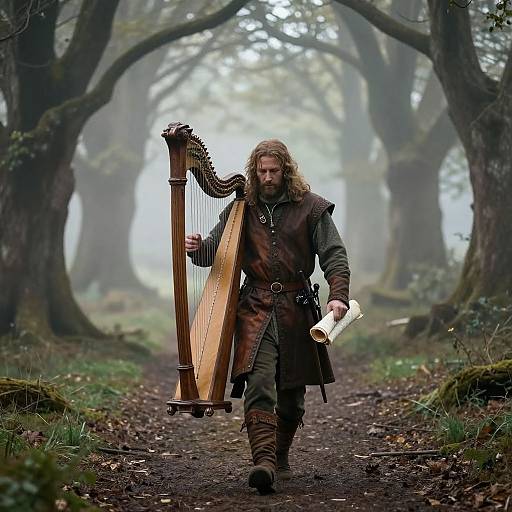 Photograph of a bearded man with long, wavy hair, wearing medieval-style green and brown clothing, walking a forest path, holding a wooden