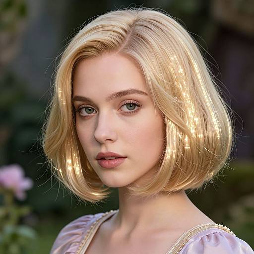 Photorealistic digital portrait of a young blonde woman with light blue eyes, wearing a white blouse, illuminated by sunlight, against a blurred garden background.