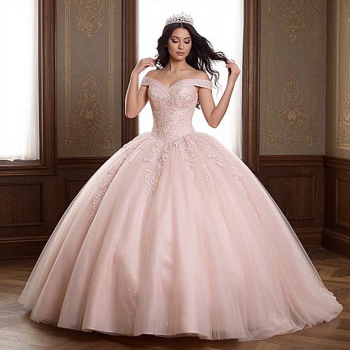 Photograph of a brunette woman in a white, lace-embellished, off-the-shoulder ball gown with a full skirt, standing in