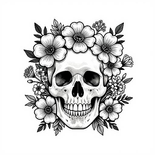 Black and white tattoo-style drawing of a skull adorned with detailed flowers and leaves, featuring intricate linework and shading.
