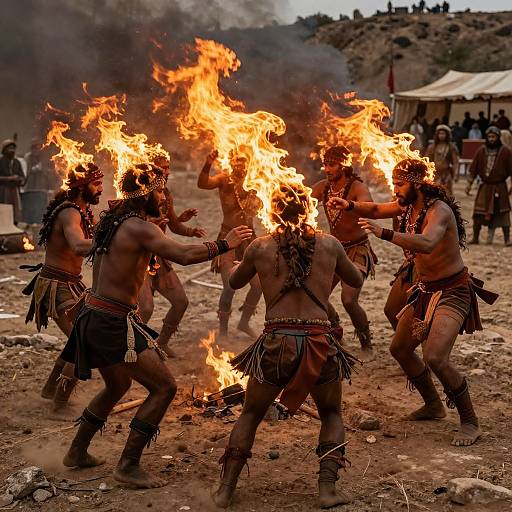 Photograph of muscular, shirtless men with tribal attire and fire-tipped spears performing a ritual dance in a rocky, desert landscape.