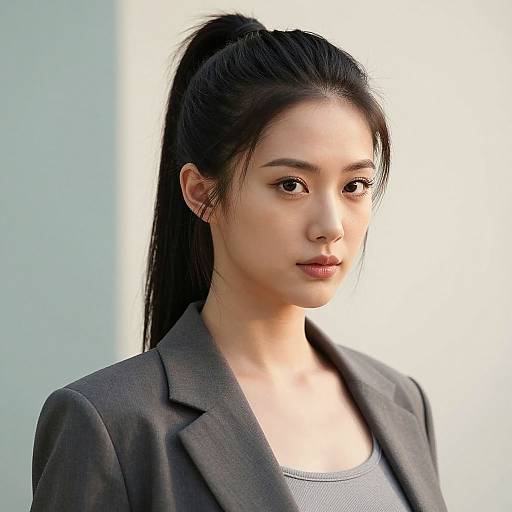 Photograph of an East Asian woman with fair skin, black hair in a high ponytail, wearing a grey blazer over a grey top, standing