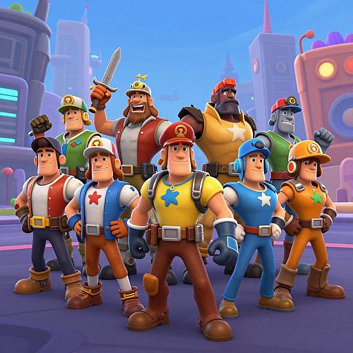 CGI image of colorful, cartoon-style, Mario-themed characters in various outfits and poses, standing confidently in a futuristic cityscape background.