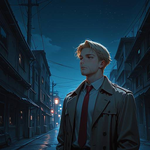 Blonde Man in Trench Coat at Night