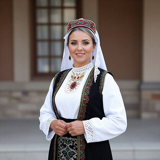 Photograph of a smiling woman in traditional Eastern European folk attire, wearing a white blouse, black embroidered vest, and headscarf with red and gold