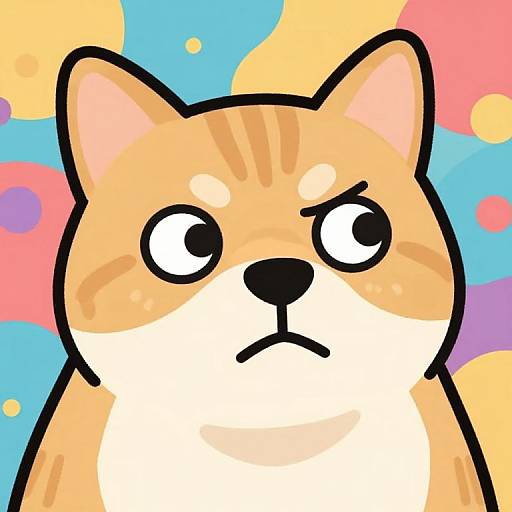 Cartoon-style, digitally-drawn Shiba Inu with a serious expression, large black eyes, and orange and white fur, against a colorful,