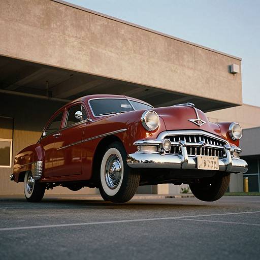 Photograph of a vintage, maroon 1950s Chevrolet sedan with chrome accents, parked in front of a concrete building, sunlight casting shadows.