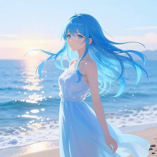 Digital anime-style drawing of a blue-haired girl in a white dress standing on a sunlit beach with sparkling ocean waves.
