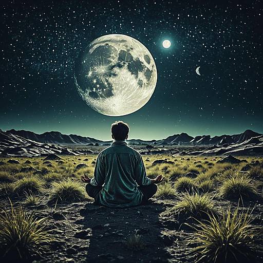 Meditator on Alien Planet with Large Moon