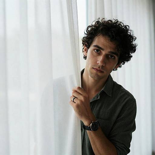 Intense Gaze Through Sheer Curtains