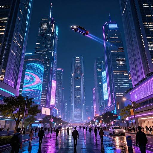 Neon-lit, futuristic city street at night with glowing skyscrapers, flying drone, and pedestrians. Vibrant blue, purple, and pink