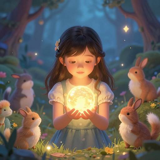 Digital illustration of a young girl with dark hair, wearing a white blouse and blue dress, holding a glowing orb, surrounded by rabbits in a magical,