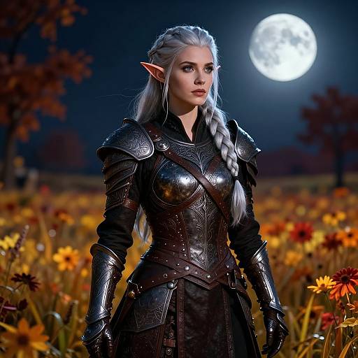 Digital artwork of a silver-haired elf woman in dark, ornate armor standing in a moonlit field of autumn flowers.