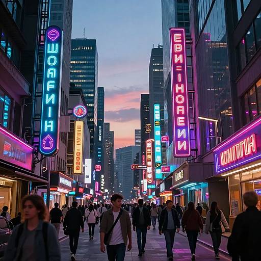 Neon-lit urban street at dusk with colorful signs for 